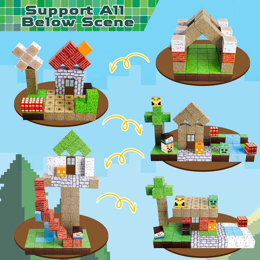 Magnetic Building Blocks Mine World Forest House Brick Cube STEM Toy Set for Kids